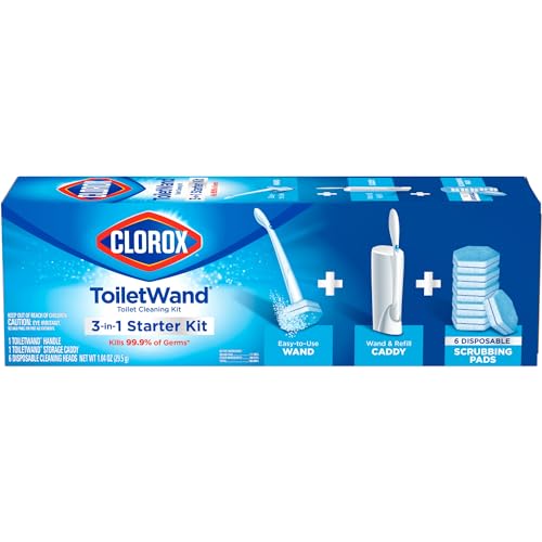 Clorox Toilet Wand Cleaning Kit includes an easy-to-use wand, a storage caddy, and 6 disposable scrubbing pads designed to kill 99.9% of germs.
