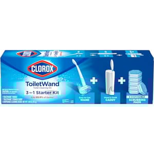 Clorox Toilet Wand Cleaning Kit includes an easy-to-use wand, a storage caddy, and 6 disposable scrubbing pads designed to kill 99.9% of germs.