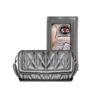 A silver cross-body phone purse with a quilted design and a clear cut-out window for phone interaction.
