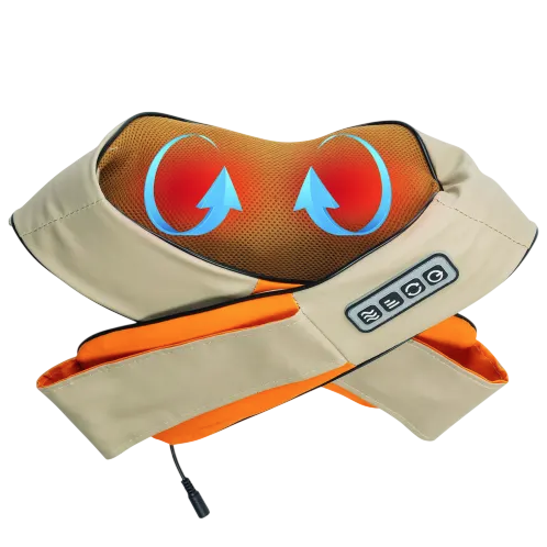 A neck and shoulder massager with orange mesh and blue rotating arrows, featuring control buttons and a power cable.