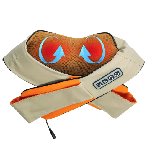 A neck and shoulder massager with orange mesh and blue rotating arrows, featuring control buttons and a power cable.