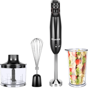 Hand blender set with attachments: a chopping container, whisk, and measuring cup with mixed fruits.