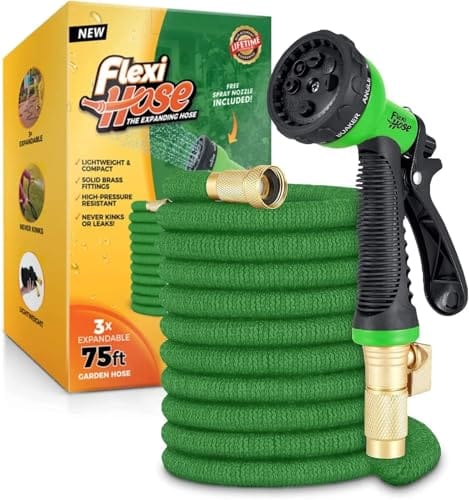 Expandable garden hose kit with a 75ft length, featuring a spray nozzle. Includes lightweight, compact design with solid brass fittings.