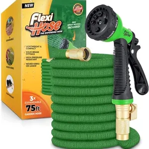 Expandable garden hose kit with a 75ft length, featuring a spray nozzle. Includes lightweight, compact design with solid brass fittings.