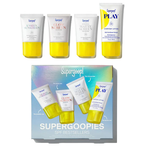 Supergoop! SPF Bestsellers set includes Unseen Sunscreen, Glow Screen, Matte Screen, and Play Everyday Lotion, all in travel-size tubes with a yellow base.
