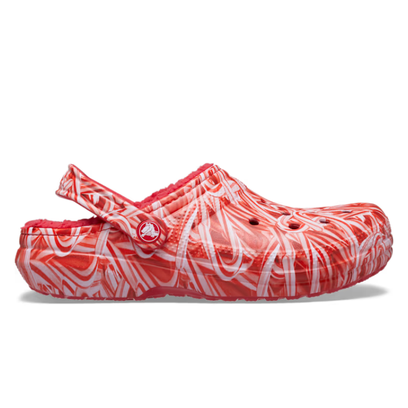 Red and white candy cane-patterned Crocs with a warm, fuzzy lining and a heel strap, designed for comfort.