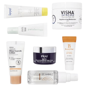 The image shows seven skincare products: Supergoop! sunscreen, Visha Skincare moisturizer, Patchology mask, Hanskin Glow Capsule Lotion, Prai night cream, BeautyStat Universal C Skin Refiner, and St. Moriz tanning mist.