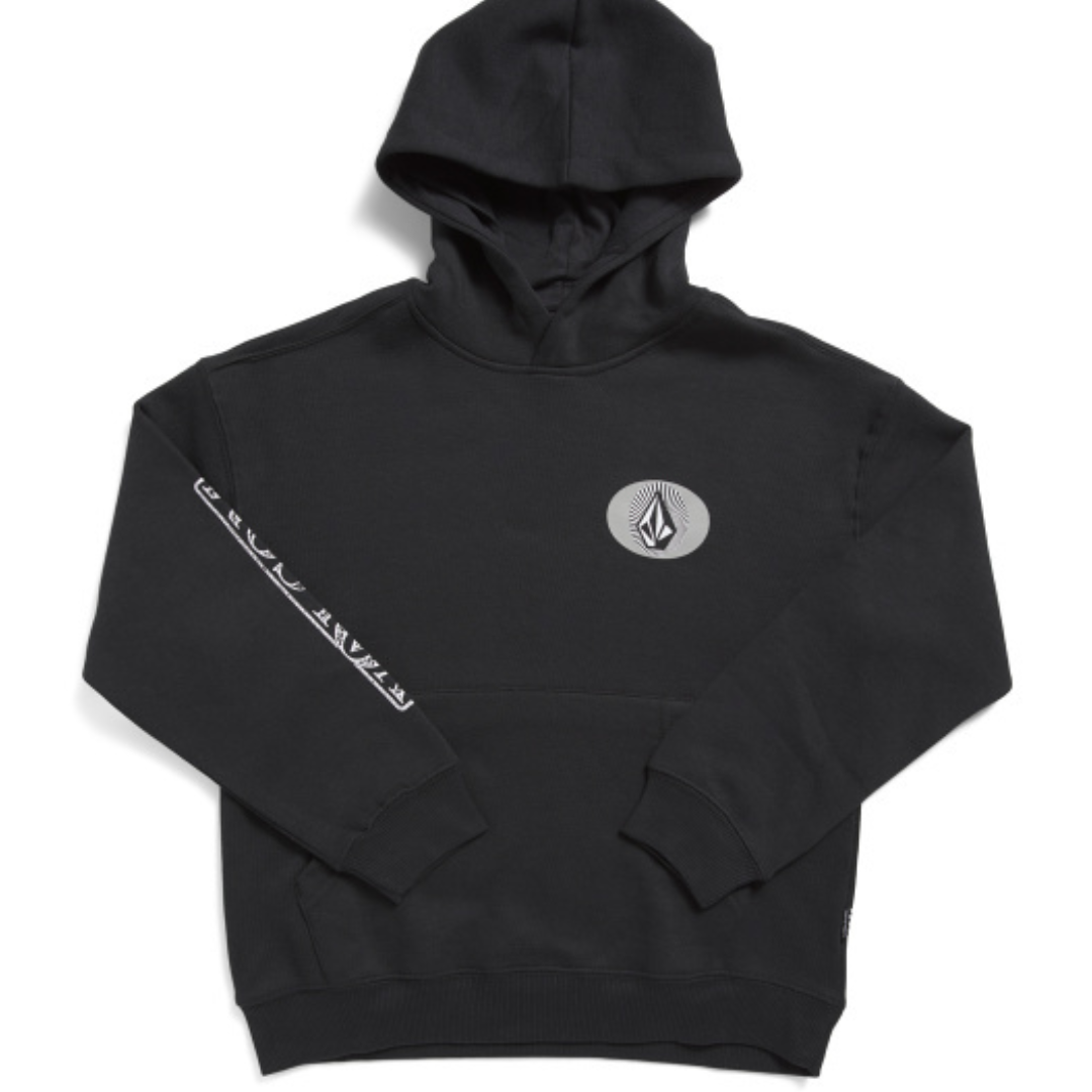 A black hoodie with a front pocket featuring a circular logo on the chest and a design along one sleeve.