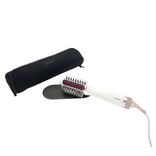 Shark Blow Dry Brush & Heated Comb set features a white and metallic brush with bristles for styling and a black protective pouch for storage.