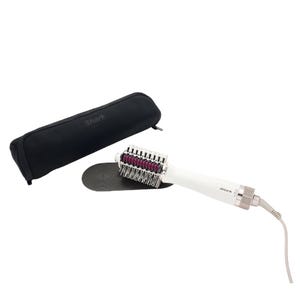 Shark Blow Dry Brush & Heated Comb set features a white and metallic brush with bristles for styling and a black protective pouch for storage.