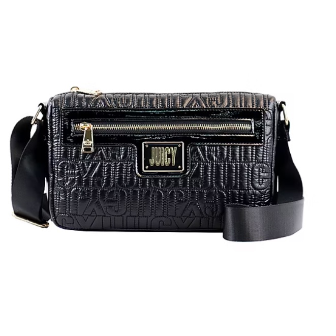 A black quilted crossbody bag with \“JUICY\“ embossed texture, featuring a front zip pocket and a gold-tone logo plate.