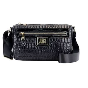 A black quilted crossbody bag with \“JUICY\“ embossed texture, featuring a front zip pocket and a gold-tone logo plate.