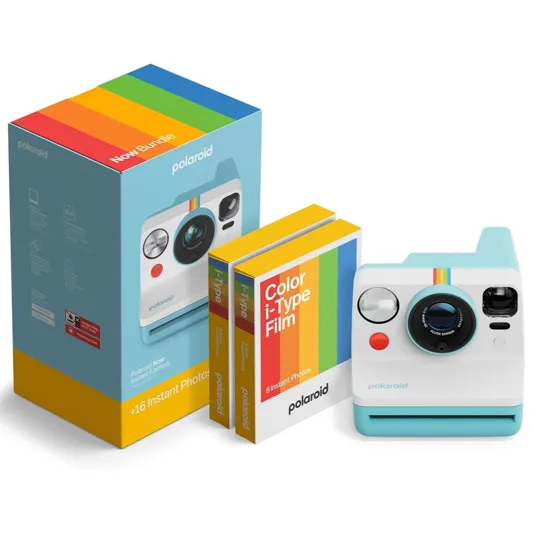 Polaroid Now Instant Camera with Color i-Type Film shown with its packaging. Includes the camera and film for 16 instant photos.