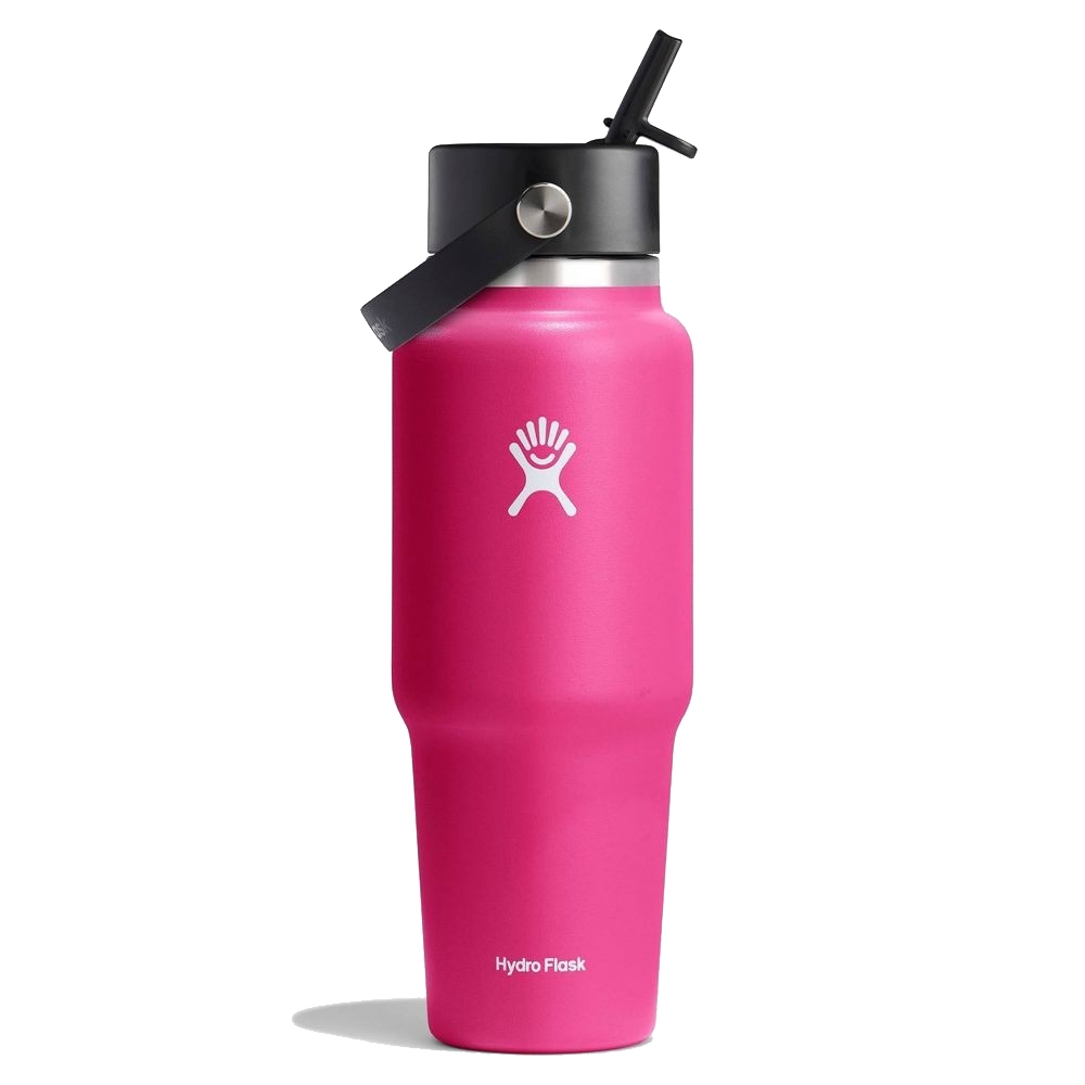A pink Hydro Flask tumbler with a black flexible straw lid and a carrying strap. It features the Hydro Flask logo prominently on the front.