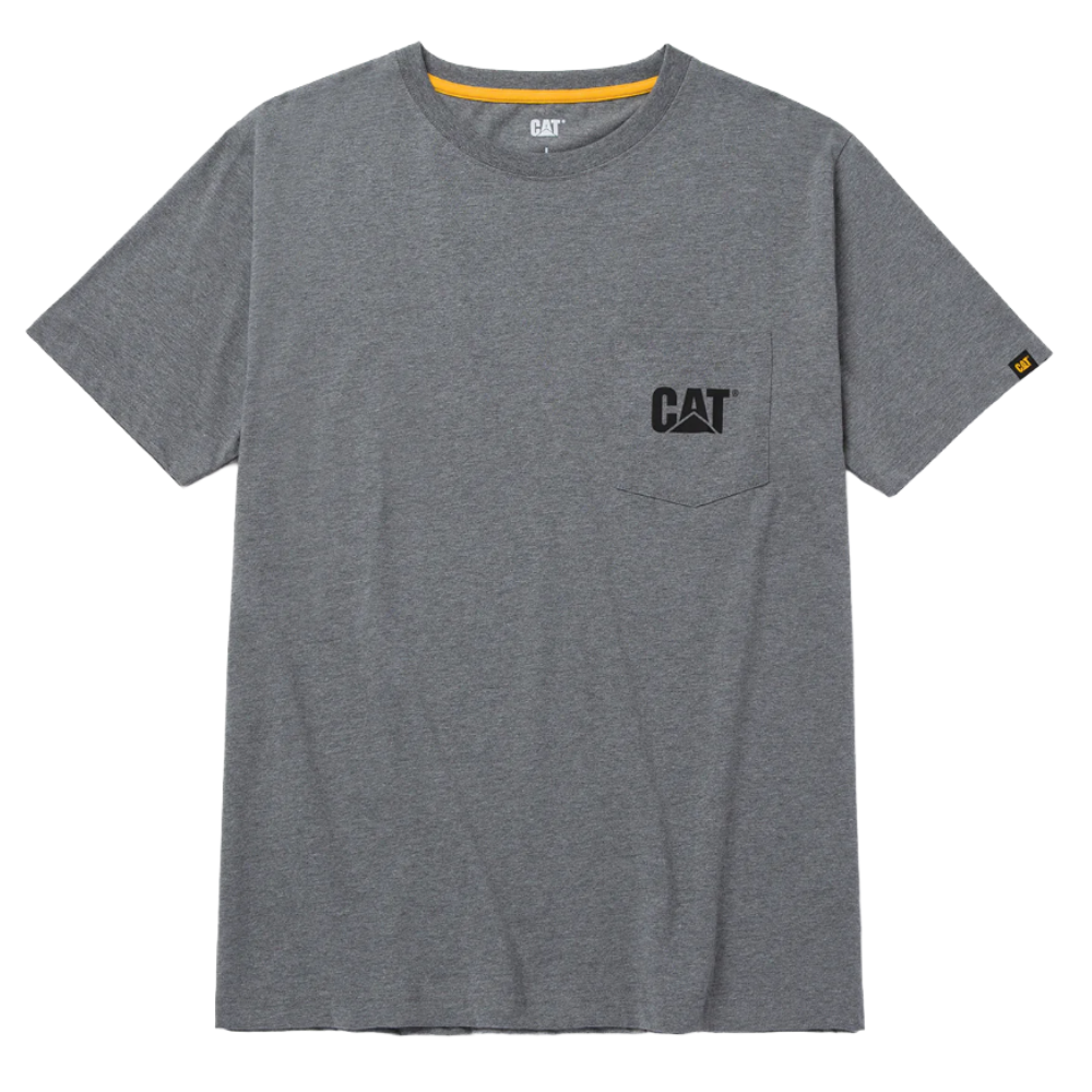 A gray T-shirt with a pocket features the \“CAT\“ logo on the front and sleeve.