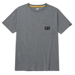 A gray T-shirt with a pocket features the \“CAT\“ logo on the front and sleeve.