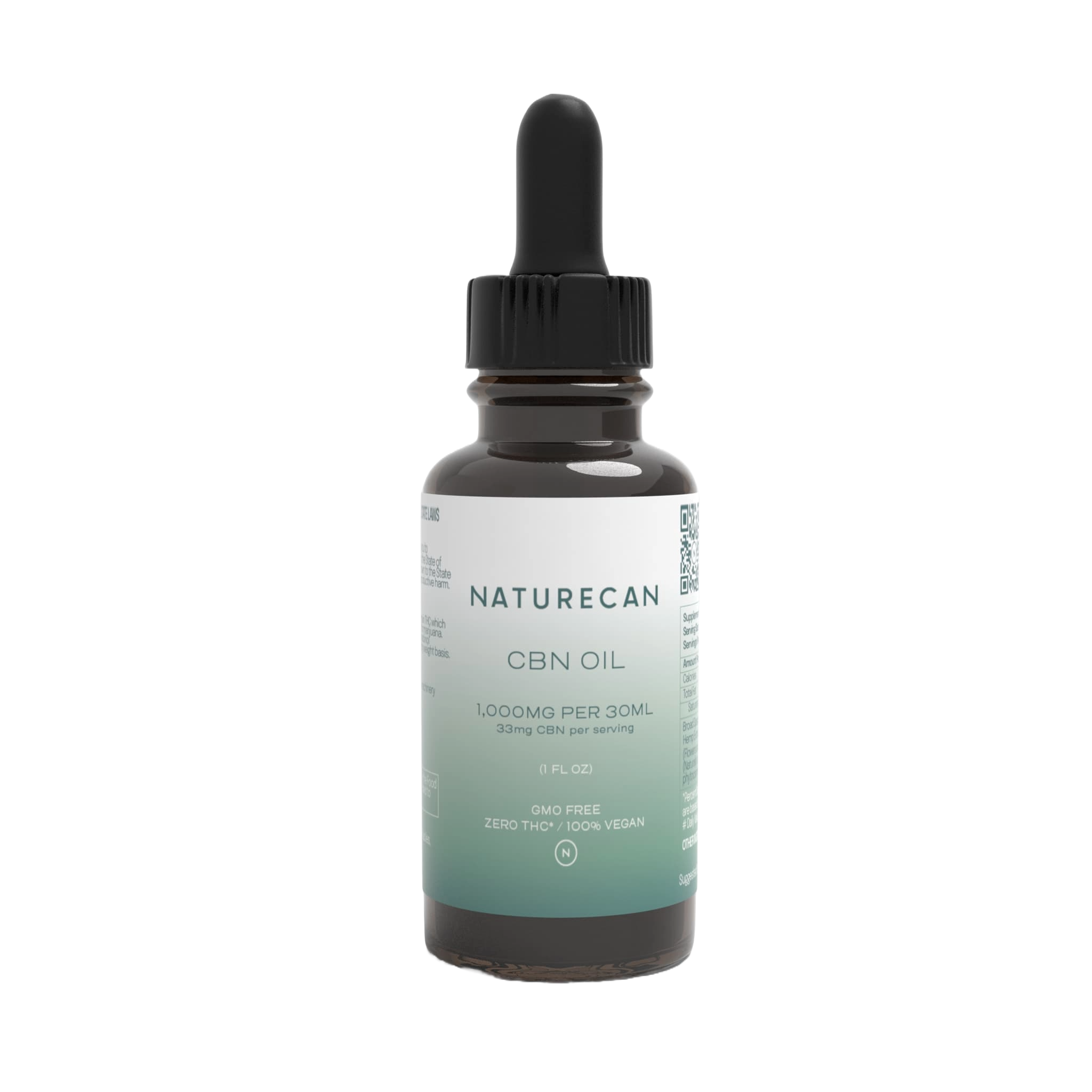 Naturecan CBN Oil, 1,000mg per 30ml (33mg CBN per serving), GMO-free, zero THC, and 100% vegan in a 1 fl oz bottle with a dropper.