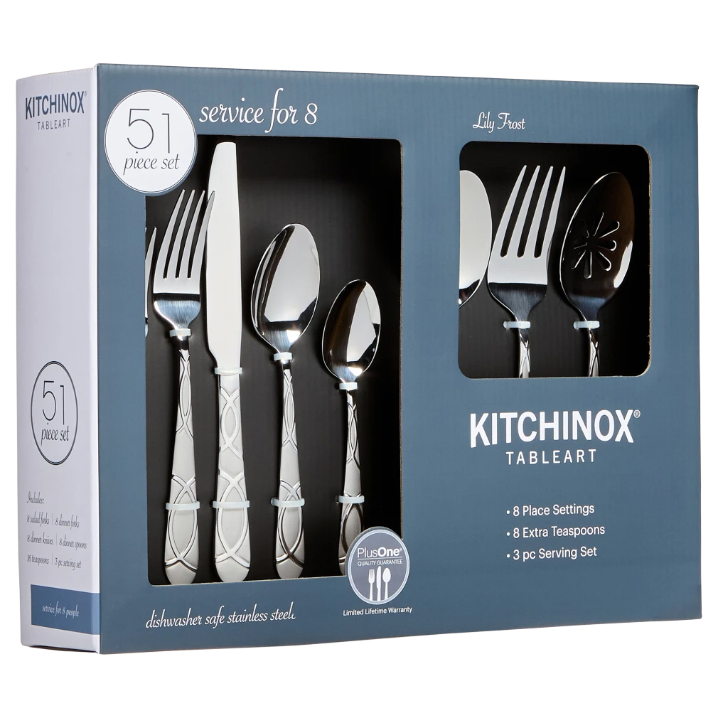 51-piece stainless steel flatware set for 8 includes eight place settings, eight extra teaspoons, a 3-piece serving set, and is dishwasher safe.