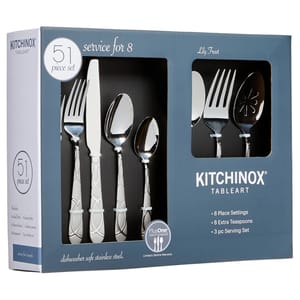 51-piece stainless steel flatware set for 8 includes eight place settings, eight extra teaspoons, a 3-piece serving set, and is dishwasher safe.