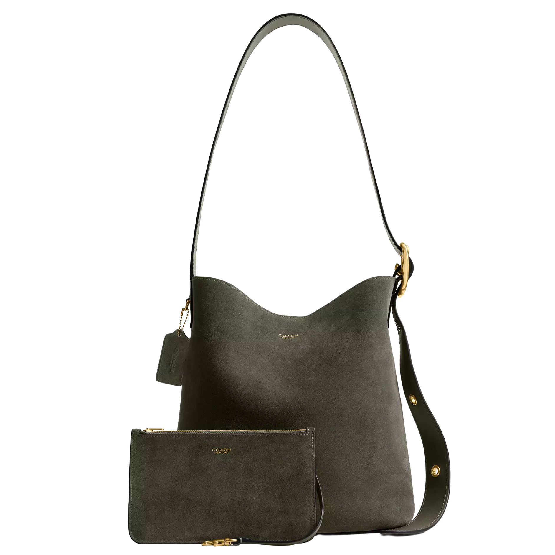 Olive suede shoulder bag and matching wristlet pouch from Coach with gold hardware accents and logo detailing.