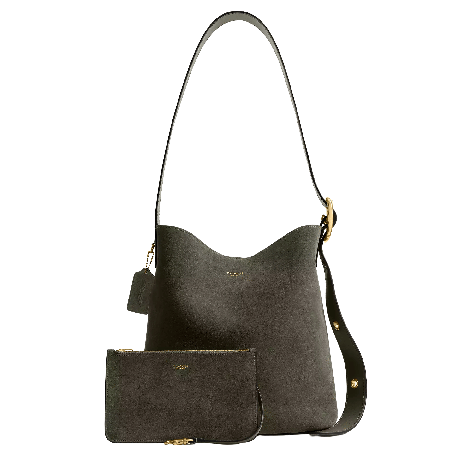 Olive suede shoulder bag and matching wristlet pouch from Coach with gold hardware accents and logo detailing.