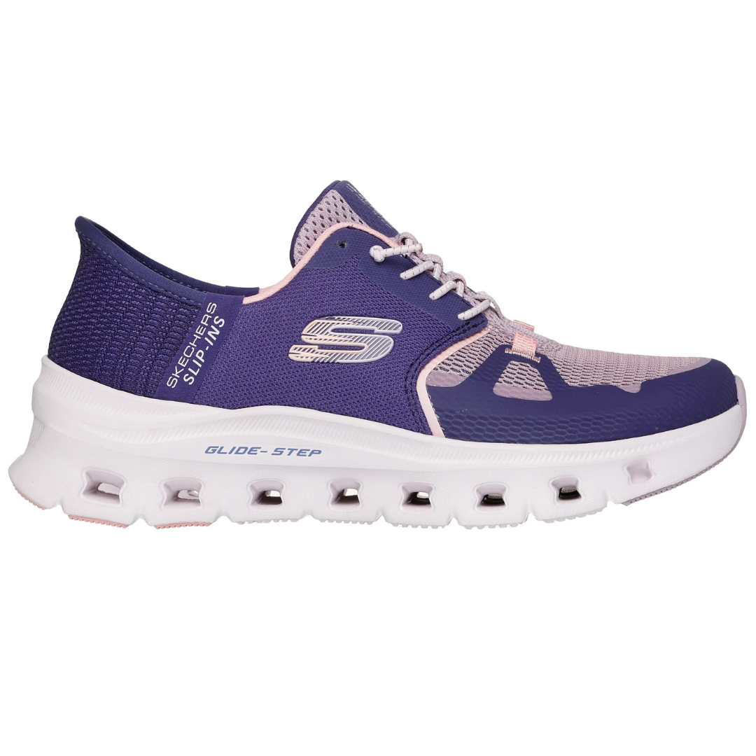 Purple and pink Skechers Slip-Ins sneaker with a breathable mesh upper, featuring a white Glide-Step sole for cushioning and support.