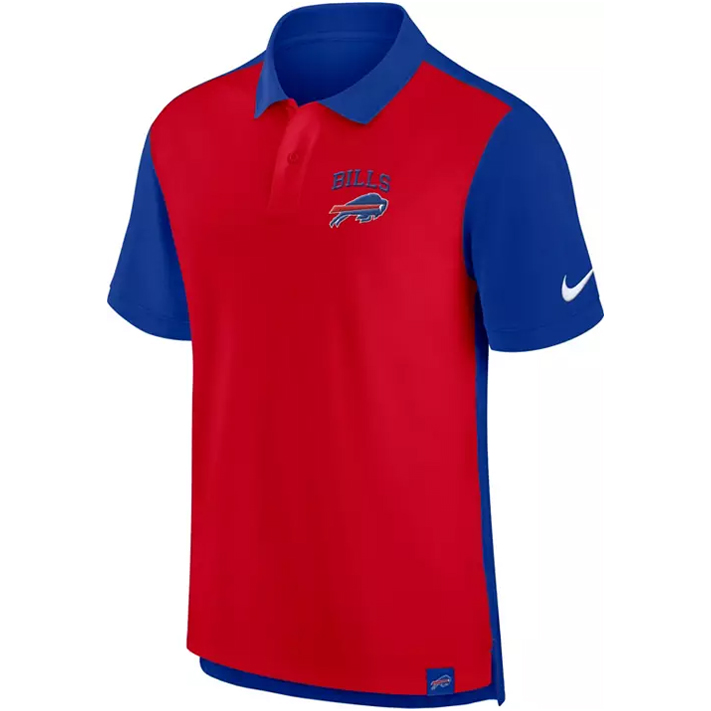 Nike Bills Polo Men's: Red and blue design, team logo on chest, short sleeves, Nike swoosh on sleeve, button-up collar.