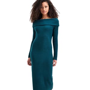 A teal, off-the-shoulder, long-sleeve knit dress with a fitted silhouette.