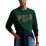 Green long-sleeve shirt with \“POLO Ralph Lauren\“ text in red and white lettering, paired with blue denim jeans. A dark sweater is tied around the waist.