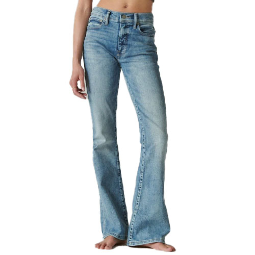 A pair of light blue, high-waisted flare jeans.