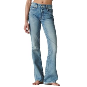 A pair of light blue, high-waisted flare jeans.