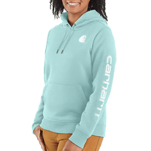 A person is wearing a light blue Carhartt hoodie with the brand name on the sleeve.