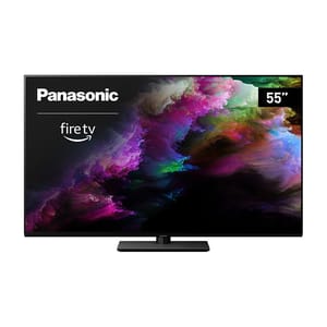 Panasonic OLED TV with built-in Amazon Fire TV, featuring vibrant colors and a 55” screen size.