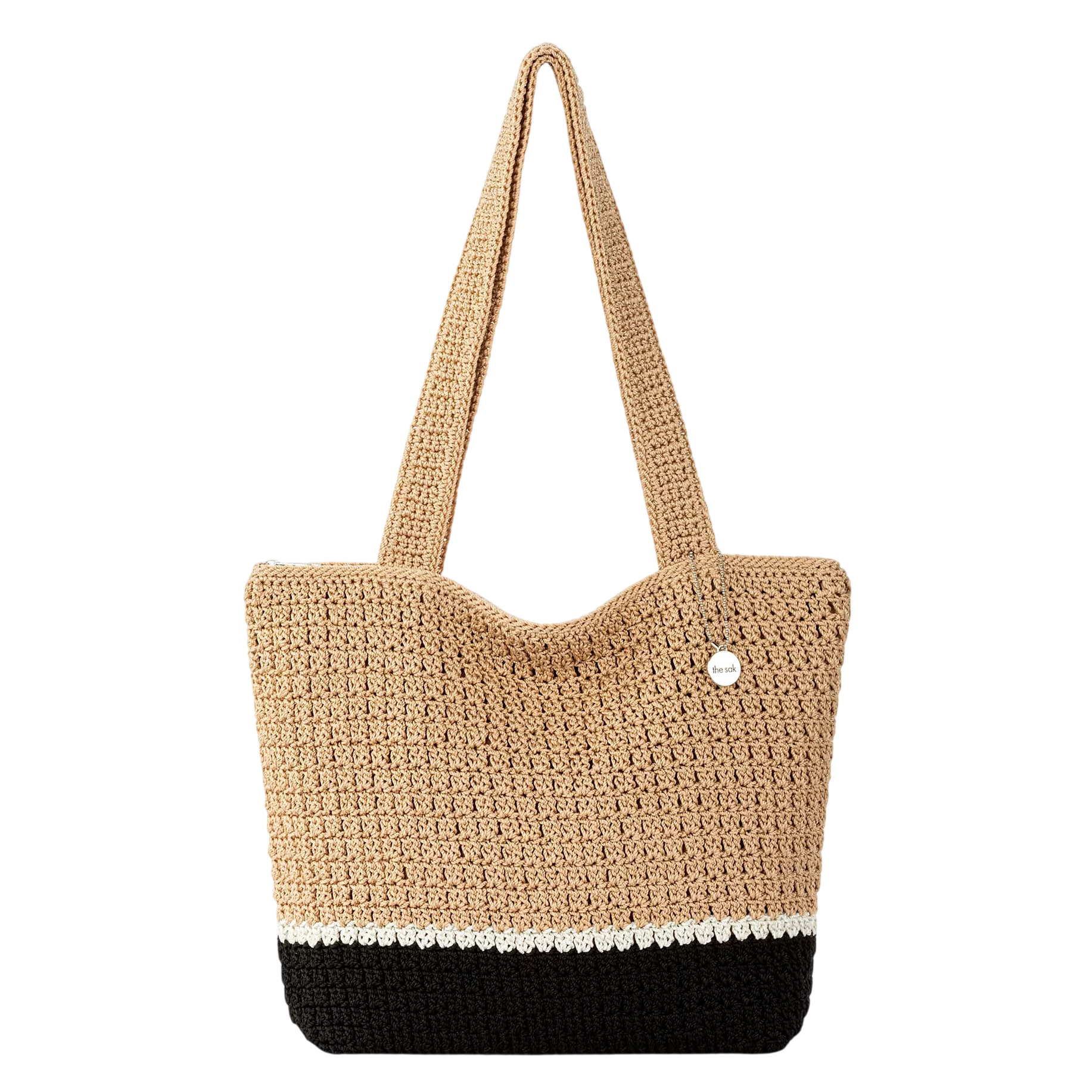A crochet tote bag with dual-tone design featuring a beige upper section, a black bottom band, and a slim white stripe between them.