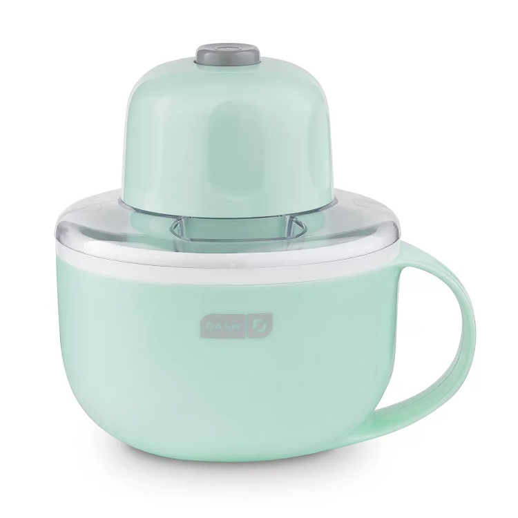A compact electric ice cream maker with a mint green color, featuring a transparent lid and a handle for easy portability.