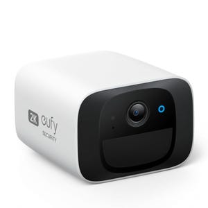 The Eufy 2K Wireless Outdoor Camera is a compact, white security device featuring a lens and LED indicator on the front, designed for high-definition video monitoring.