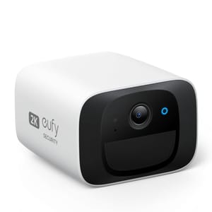 The Eufy 2K Wireless Outdoor Camera is a compact, white security device featuring a lens and LED indicator on the front, designed for high-definition video monitoring.