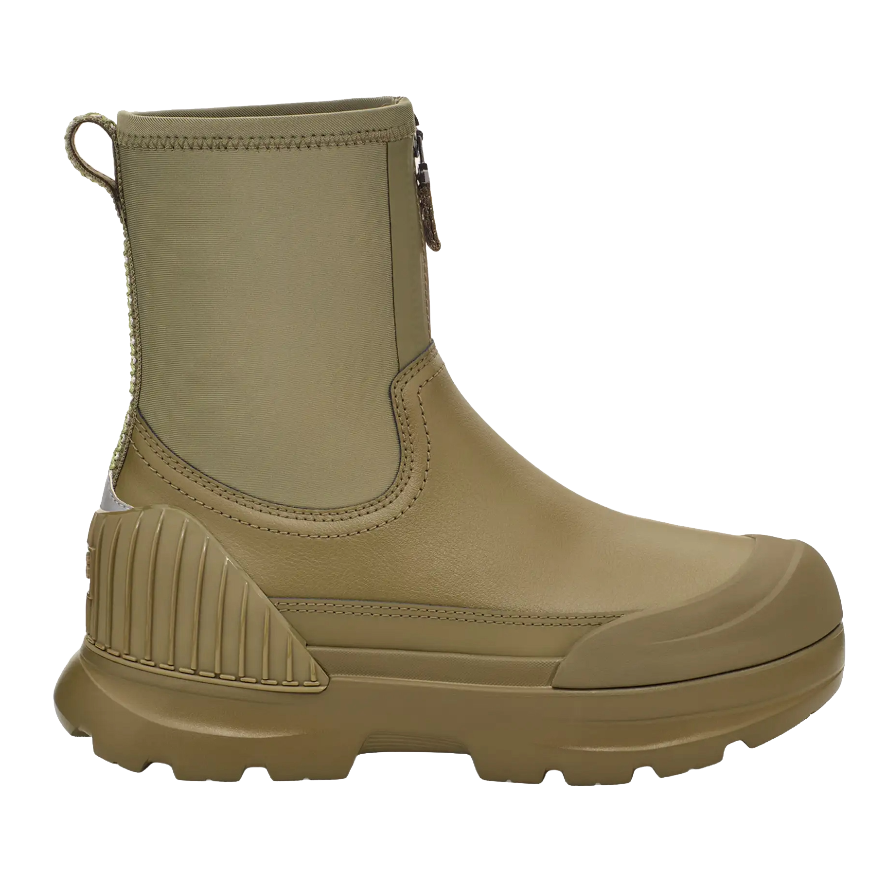 UGG Neumel X Zip Ring is an ankle-high boot with a sleek, waterproof design in a uniform tan color. It features a side zipper and pull tab for easy wear, with a durable, ribbed sole for traction.
