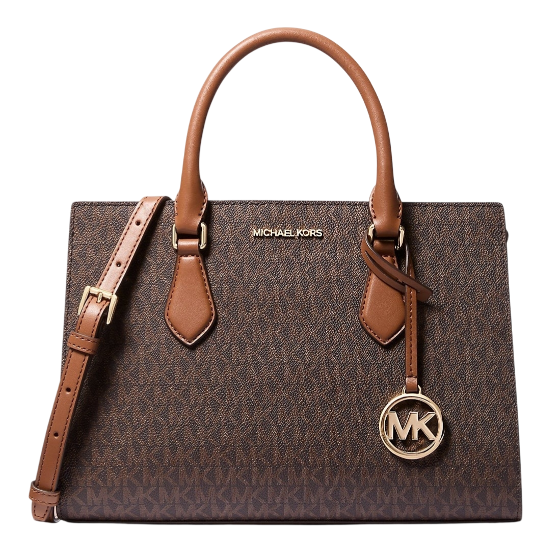 A Michael Kors brown handbag with the \“MK\“ logo pattern and gold-tone hardware, featuring dual handles and a detachable shoulder strap.