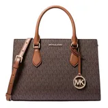 A Michael Kors brown handbag with the \“MK\“ logo pattern and gold-tone hardware, featuring dual handles and a detachable shoulder strap.