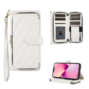 A white quilted wristlet wallet with a strap, featuring a dedicated phone compartment, card slots, and a fold-out stand design.