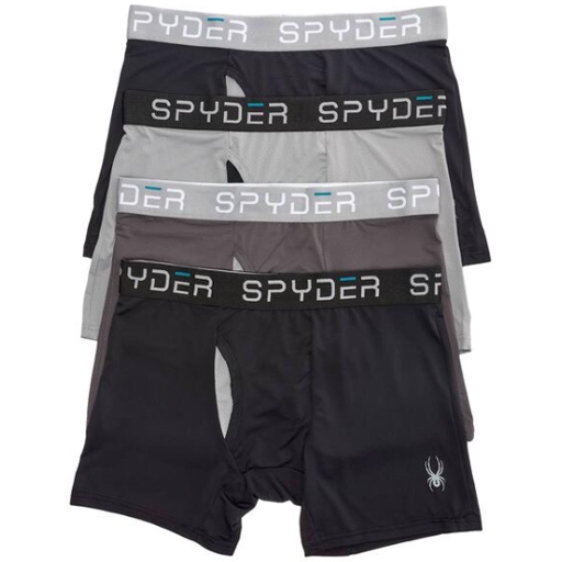 Four pairs of Spyder branded boxer briefs in black, gray, and dark gray shades with logo waistbands and a spider emblem.