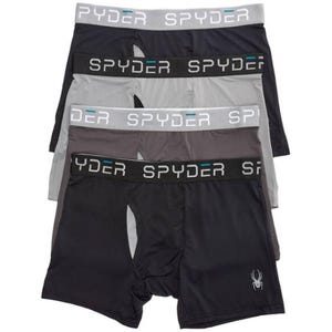 Four pairs of Spyder branded boxer briefs in black, gray, and dark gray shades with logo waistbands and a spider emblem.