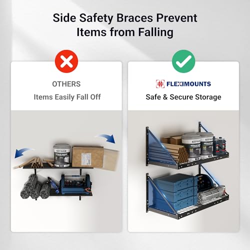 Comparison of shelving units: one with side safety braces for secure storage labeled as Fleximounts, and another without braces labeled as Others, showing items falling off.