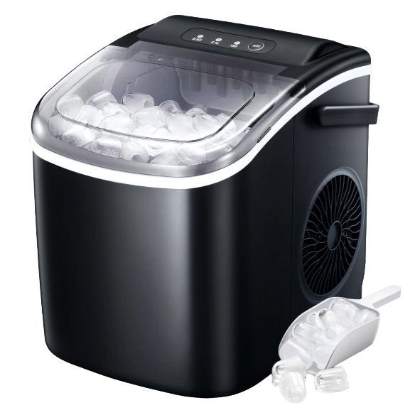 A black portable ice maker with a transparent lid filled with ice cubes and a scoop on the side.