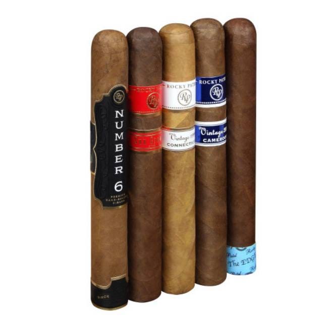 A variety pack of five cigars with distinctive labels, including \“Number 6,\“ \“The Edge,\“ and others, suggesting different blends or brands.