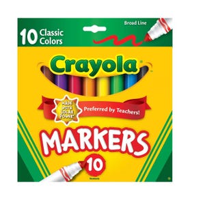 Crayola 10 Classic Colors Broad Line Markers, preferred by teachers, made with solar power, and nontoxic.