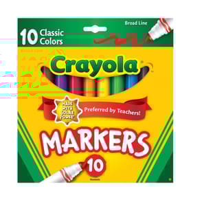 Crayola 10 Classic Colors Broad Line Markers, preferred by teachers, made with solar power, and nontoxic.