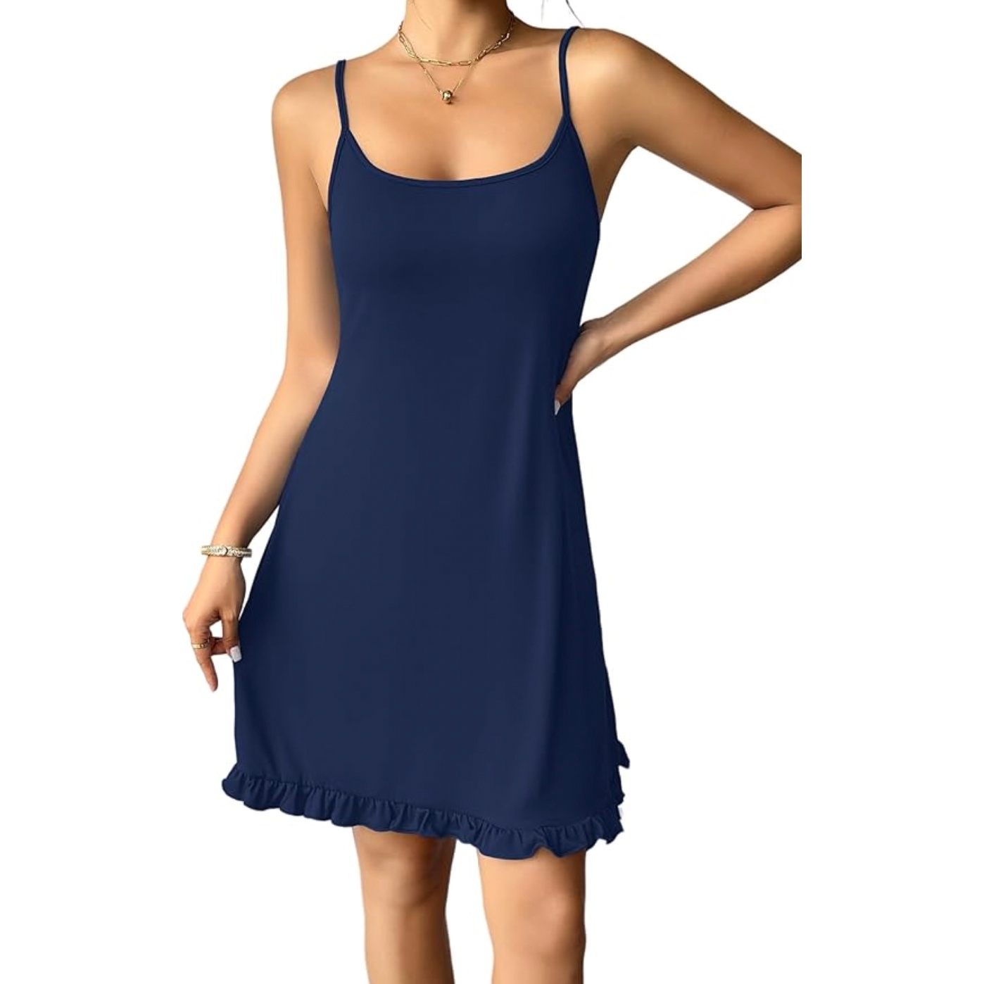 A navy blue summer nightgown featuring thin spaghetti straps and a scoop neckline, with a ruffled hem for added detail.