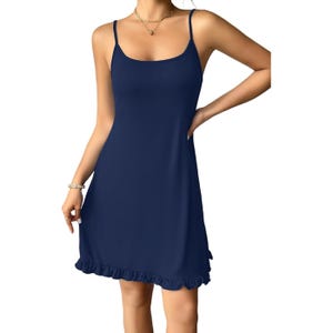 A navy blue summer nightgown featuring thin spaghetti straps and a scoop neckline, with a ruffled hem for added detail.